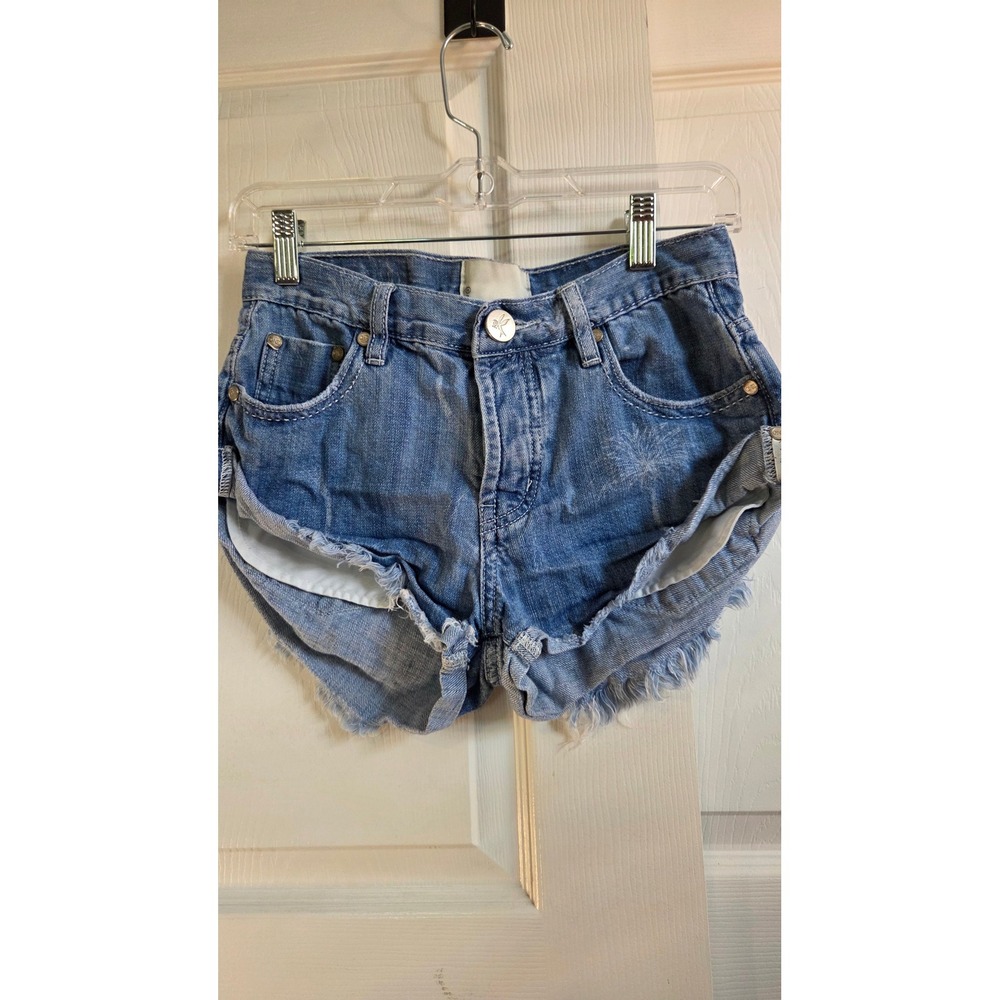 OneTeaspoon Bandits Blue Denim Shorts Palm Tree Graphic Distressed Low Rise 22